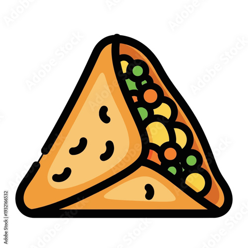 A cartoon illustration of a triangular pastry filled with colorful vegetables, resembling a samosa or empanada.