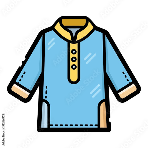 Flat design illustration of a light blue long-sleeved traditional kurta shirt with yellow collar, placket, and three buttons.