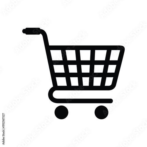 Black shopping cart icon with two small wheels and a tilted basket, usually used to represent online shopping, e-commerce, retail stores, or adding items to a cart in digital applications.