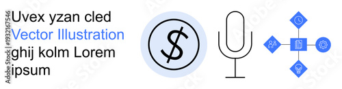 Financial technology, digital communication, remote work, innovation, podcasting, and voice recognition. A dollar sign, microphone and tech icons. Financial technology and digital communication