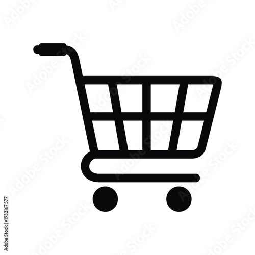 Black shopping cart icon with two small wheels and a tilted basket, usually used to represent online shopping, e-commerce, retail stores, or adding items to a cart in digital applications.