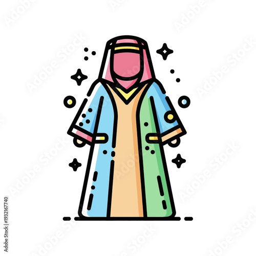 A colorful cartoon illustration of a traditional Middle Eastern or religious robe with a head covering, adorned with stars and dots, on a white background.