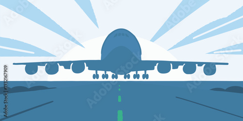 Minimalist flat design illustration of a commercial airplane ascending from a runway during takeoff