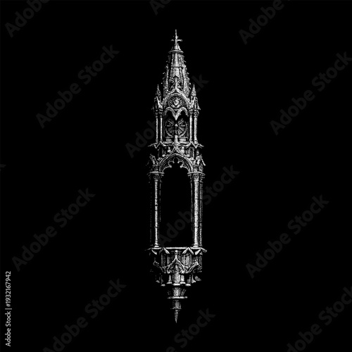 Hand-drawn gothic architectural ornament vector featuring a tall, vintage niche with pointed arches, ornate carvings, and dramatic medieval detailing. Isolated on light background, perfect for tattoo.