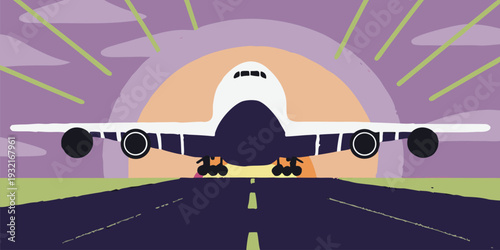 Stylized illustration of a commercial airplane facing forward on a runway at sunrise with vibrant colors