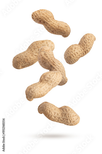 Whole roasted peanuts falling or levitating in the air. Isolated on a white background, perfect for snack packaging and dynamic food .