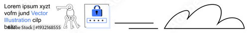 Data security, cloud storage, cybersecurity, file sharing, encryption, access control. Lock icon with keys and cloud symbol. Data security and cloud storage