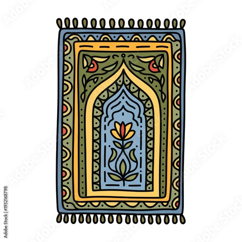 Hand-drawn illustration of a traditional Islamic prayer rug with intricate floral and geometric patterns, featuring a central mihrab design and tassels.
