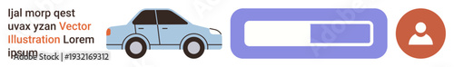 Transportation, user access, digital progress, online systems, car rentals, account management. Blue car with a progress bar and circular user icon. User access and digital progress concept