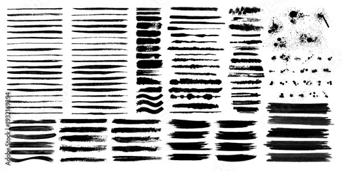 Big collection of black paint, ink brush strokes, brushes, lines. Dirty artistic design elements, boxes, frames. Vector illustration. Isolated on white background. Freehand drawing.