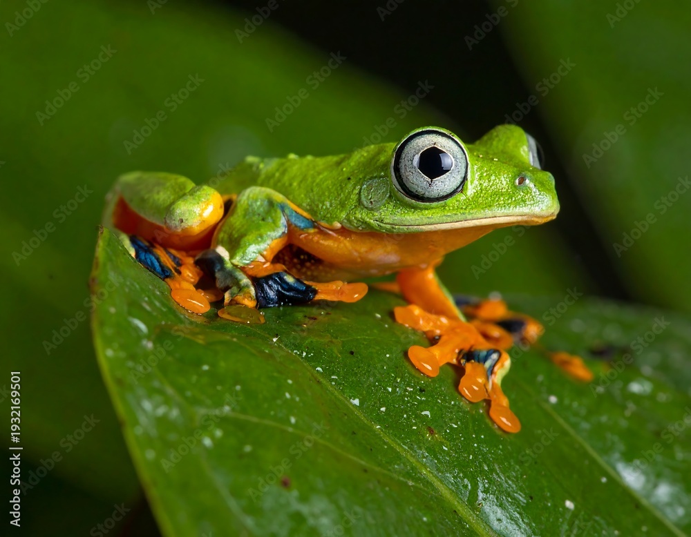 Obraz premium Vivid shot of a bright green frog with orange and blue accents, on a large leaf