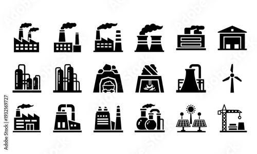 Industrial and Energy Icon Set – Factory, Power Plant and Renewable Energy Silhouette Collection