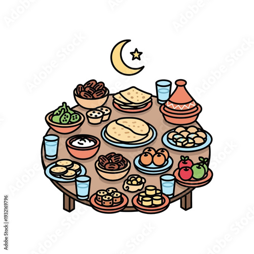 A vibrant illustration of a traditional Iftar or Eid meal spread on a round table, featuring dates, flatbreads, sweets, and drinks under a crescent moon.