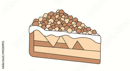 A delightful slice of layered cake topped with creamy frosting and a generous sprinkle of crunchy nuts presented as a tempting sweet treat illustration