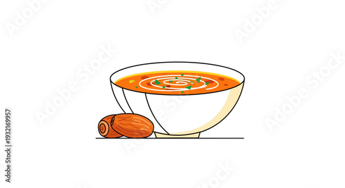 A bowl of rich carrot soup with cream swirl and fresh dates illustration in vector style for healthy eating concepts