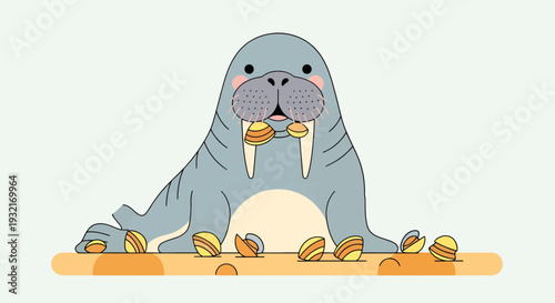 Adorable cartoon walrus resting on a sandy beach surrounded by open clams featuring charming vector illustration style