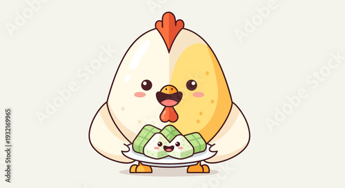 Adorable cartoon chicken character holding a plate of cute lemper snacks vector illustration for food and animal themed design projects