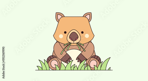 Adorable wombat sitting in grass eating foliage in a cartoon style illustration with soft pastel colors for children's designs