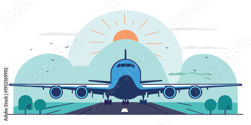 Stylized illustration of a blue passenger airplane taking off from a runway at sunrise with birds
