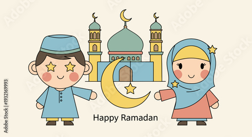 Adorable Ramadan kids illustration with mosque and crescent moon featuring happy Muslim boy and girl with star eyes in cartoon style