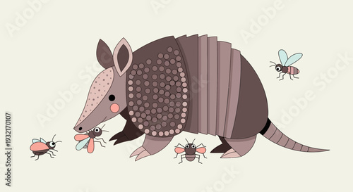 Cartoon armadillo surrounded by insects in a playful illustration; brown and pink shades create a whimsical animal design ideal for children's content