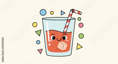 Cartoon beverage with smiling face and ice cube served in clear glass with straw surrounded by colorful shapes vector illustration