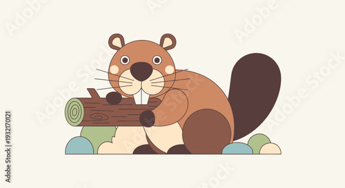 Cartoon beaver holding log illustration in flat vector style against cream background ideal for nature education materials and adorable graphics