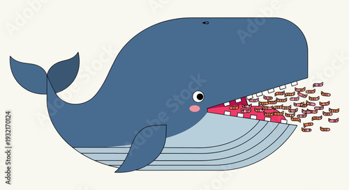 Cartoon blue whale eating small fish with an open mouth illustration on cream background for children's books and educational content