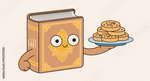 Cartoon book character serving stack of cookies on plate fun illustration in cute whimsical style ideal for playful food and educational projects