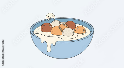 Cartoon bowl of tangyuan with cute smiling mochi character pastel dessert dumplings in sweet broth whimsical food illustration for kids