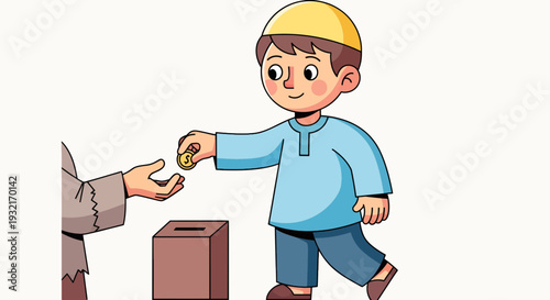 Cartoon boy giving Zakat donation with coin in charity box to beggar in need vector illustration for Islamic religious holiday