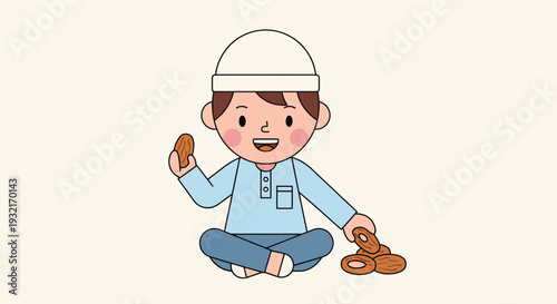 Cartoon boy in kufi eating dates illustration; Ramadan dates snack; cultural celebration; light blue graphic design; religious holiday