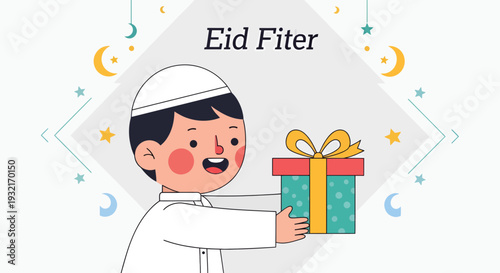 Cartoon boy in kufi hat presents Eid al-Fitr gift box against festive geometric backdrop vector illustration for greeting card or poster