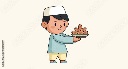 Cartoon boy in kufi holding plate of dates vector illustration for Ramadan feast; Islamic culture tradition and design element
