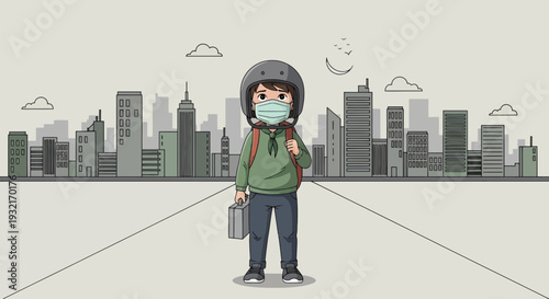 Cartoon commuter wearing helmet and face mask carries briefcase on road with city skyline in background illustration