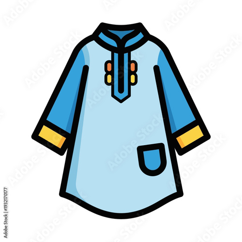A light blue traditional tunic with long sleeves, a dark blue collar, and decorative placket, featuring a single pocket.