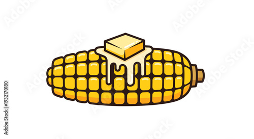 Cartoon corn on the cob with melting butter illustration; delicious sweetcorn snack yellow food healthy eating farm produce isolated object