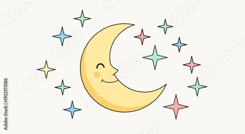 Cartoon crescent moon smiling surrounded by pastel stars illustration for dreamy children's design elements or bedtime themed decor