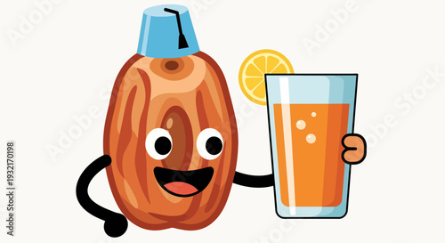 Cartoon date fruit character holding a glass of orange juice with lemon slice isolated on white background in vector style