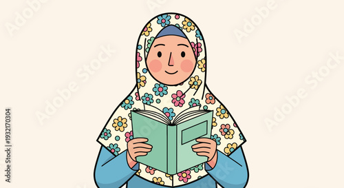 Cartoon illustration of a Muslim girl reading a book with a floral hijab in soft colors; a cheerful educational and culturally relevant design