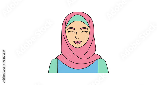 Cartoon illustration of a smiling Muslim woman wearing a pink hijab and blue dress on a white background for commercial use