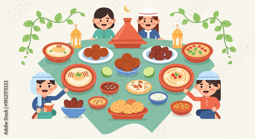 Cartoon illustration of a Ramadan Iftar feast with hummus dates and tagine surrounded by children in traditional clothes flat vector design