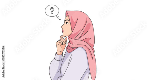 Cartoon illustration of a thoughtful woman in hijab with question mark bubble; light skin pink headscarf planning and decision making