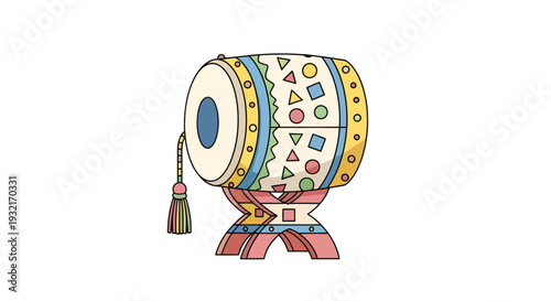 Cartoon illustration of a vibrant djembe drum with geometric patterns on a decorative stand perfect for cultural design