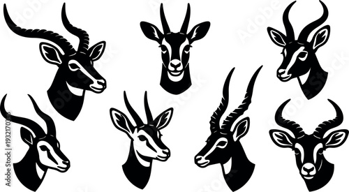 Tattoo flash goat head set showing seven angled profiles and faces in bold black stencil vector art isolated icons vintage
