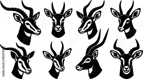 Tattoo flash set of eight antelope head silhouettes facing different angles close up vector graphic on white background bold minimalist