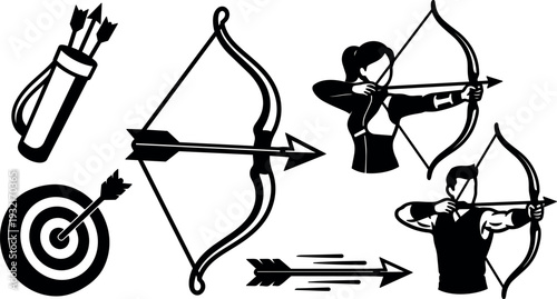Minimalist silhouette archery icons set showing archer drawing bow aiming at target with arrows quiver close up side view studio