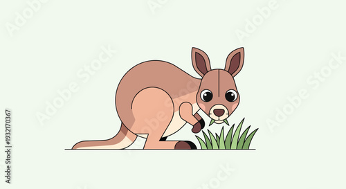 Cartoon kangaroo eating grass in a flat vector style illustration on a light background; adorable wildlife animal for children's designs