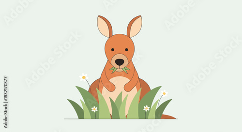 Cartoon kangaroo sitting in grass with daisy flowers eating leaves cute animal vector illustration for children's design and educational resources