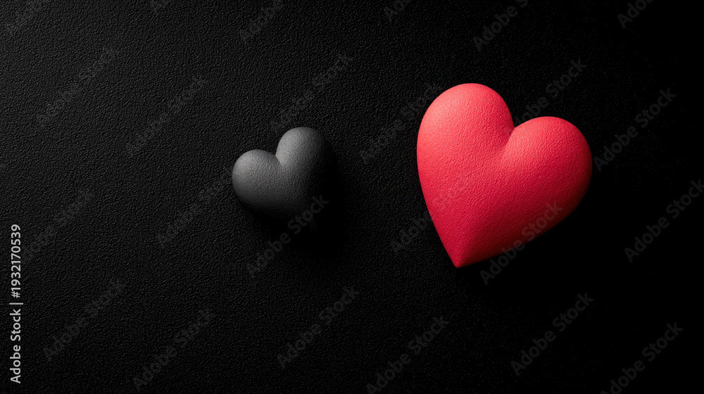 Obraz premium Minimalist black background featuring two hearts, one black and one red, creating striking contrast. This evokes feelings of love and affection, perfect for Valentine Day